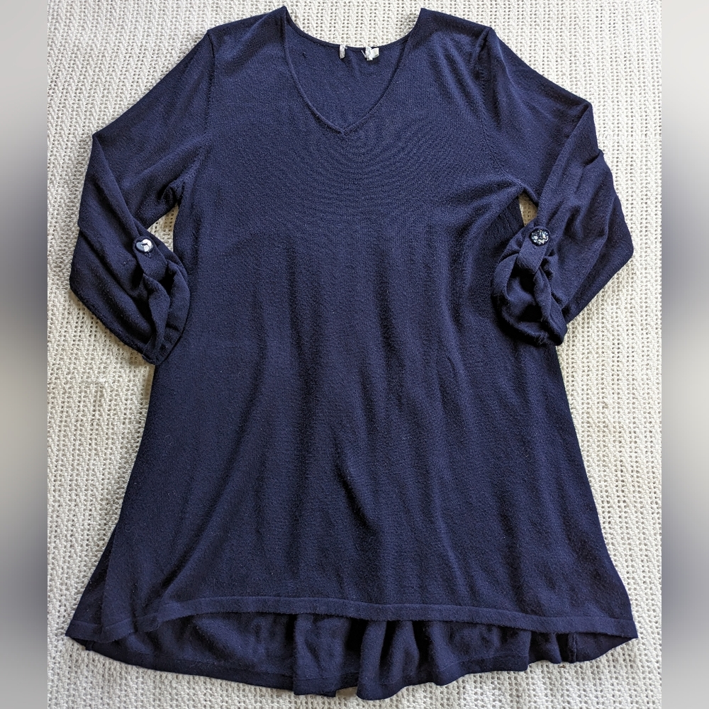 LULU B Womens Large Tunic Sweater Top Knit Roll Tab 3/4 Sleeve Navy Blue V-Neck